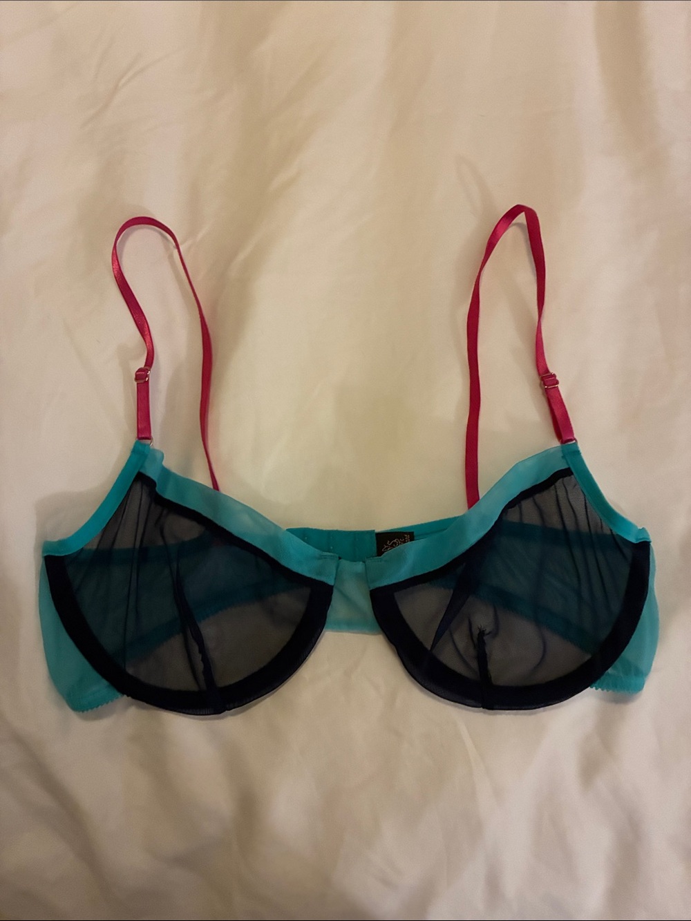 Only Hearts Teal & Black Sheer Underwire Bra with Pink Straps